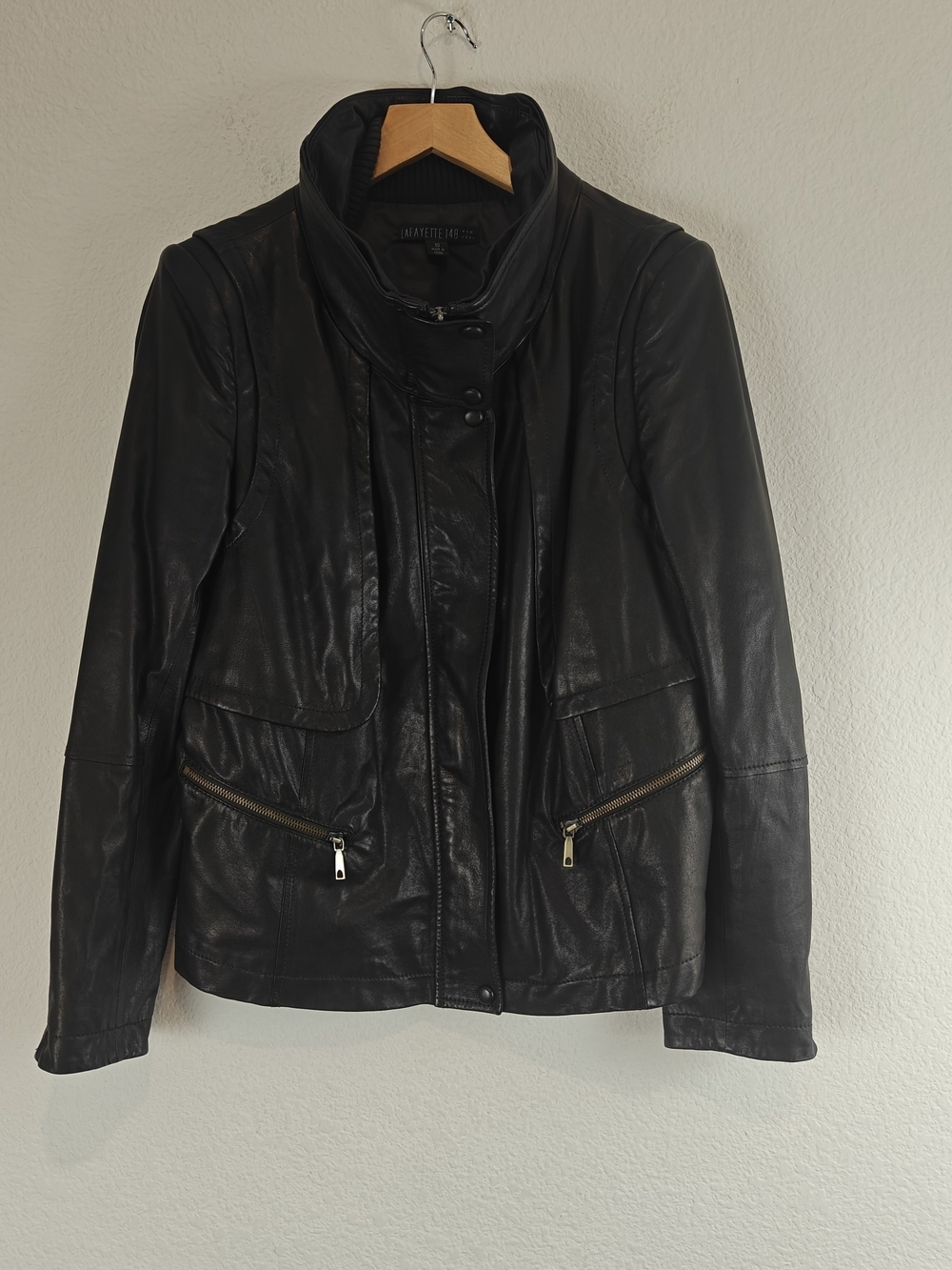Lafayette 148 NY Black Lambskin Leather Bumper Jacket 10 Luxe Moto Minimalist 10
